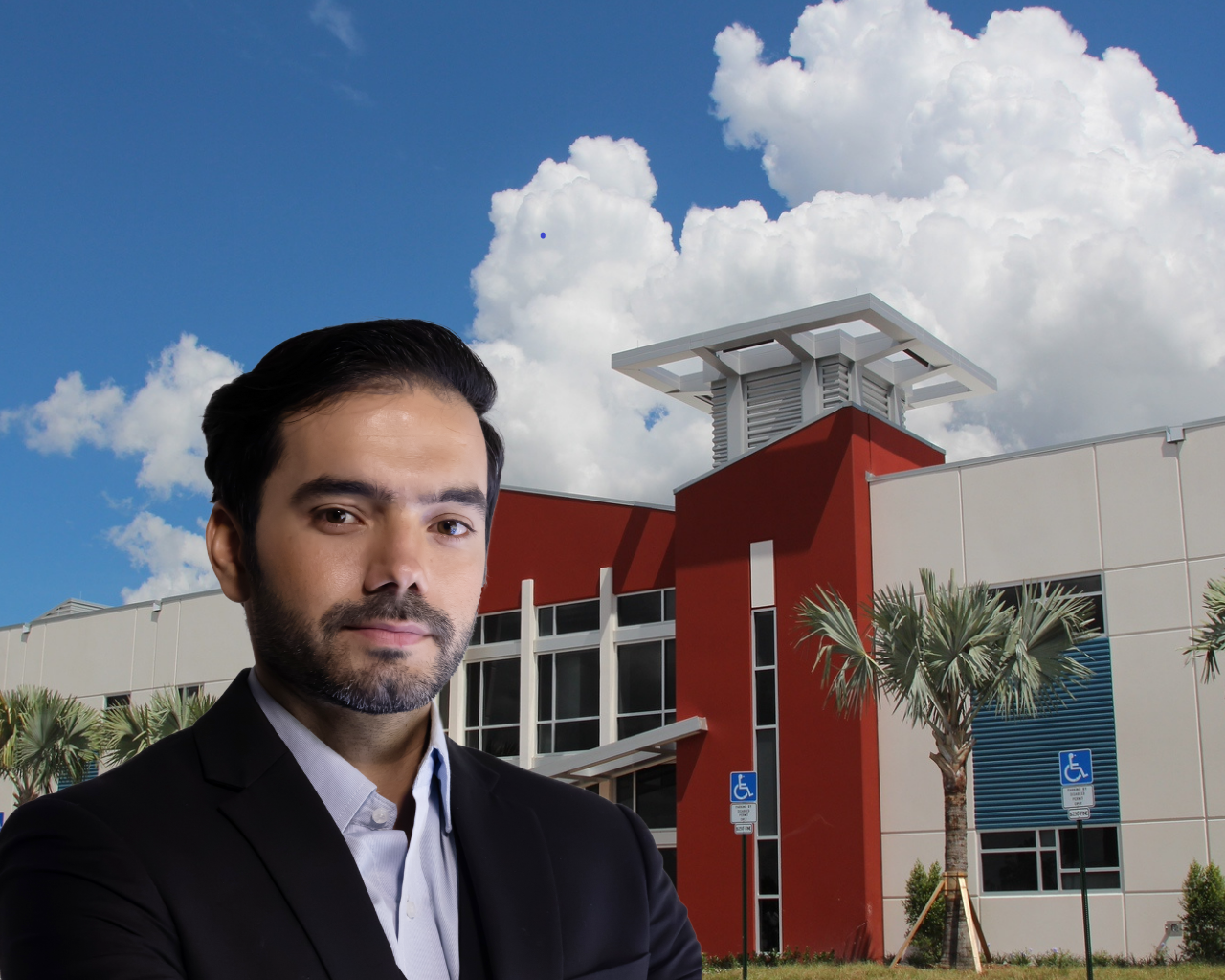 Business Professional in front of Broward College Central Campus Library